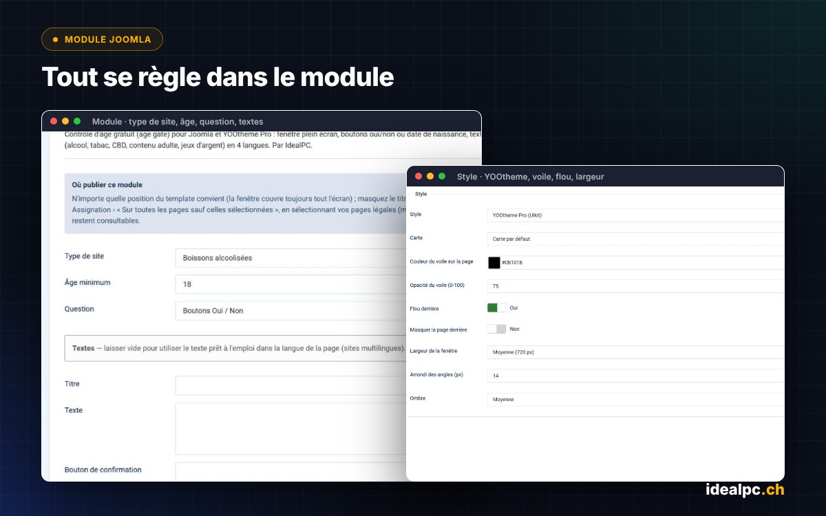Réglages du module Ideal Age Gate dans Joomla